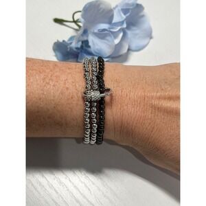 Stackable Beaded Bracelets Silver Tone Black Gemstone‎ Accent